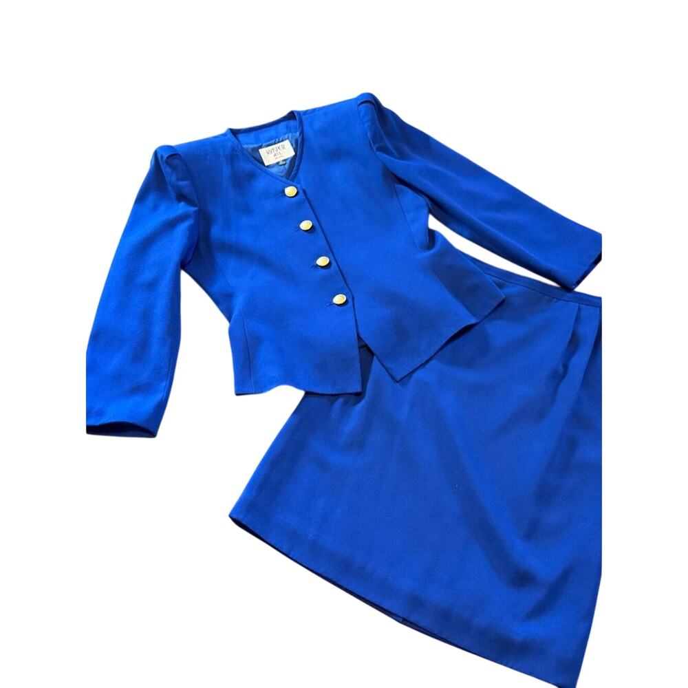 Vintage Kasper A.S.L. Petite Royal Blue Skirt Suit Gold Buttons Size 12P